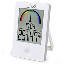 Ψηφιακό θερμόμετρο / υγρόμετρο εσωτερικού χώρου με ρολόι και έγχρωμη απεικόνιση επιπέδου υγρασίας, σε λευκό χρώμα Life iTEMP White