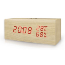 Ξύλινο ψηφιακό θερμόμετρο/υγρόμετρο εσωτερικού χώρου, με ρολόι, ξυπνητήρι και ημερολόγιο Life Wood Block