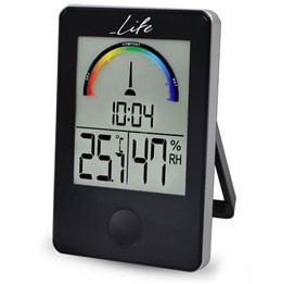 Ψηφιακό θερμόμετρο / υγρόμετρο εσωτερικού χώρου με ρολόι και έγχρωμη απεικόνιση επιπέδου υγρασίας, σε λευκό χρώμα Life iTEMP Black