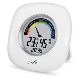 Ψηφιακό θερμόμετρο / υγρόμετρο εσωτερικού χώρου με ρολόι και έγχρωμη απεικόνιση επιπέδου υγρασίας, σε λευκό χρώμα LIFE WES-103